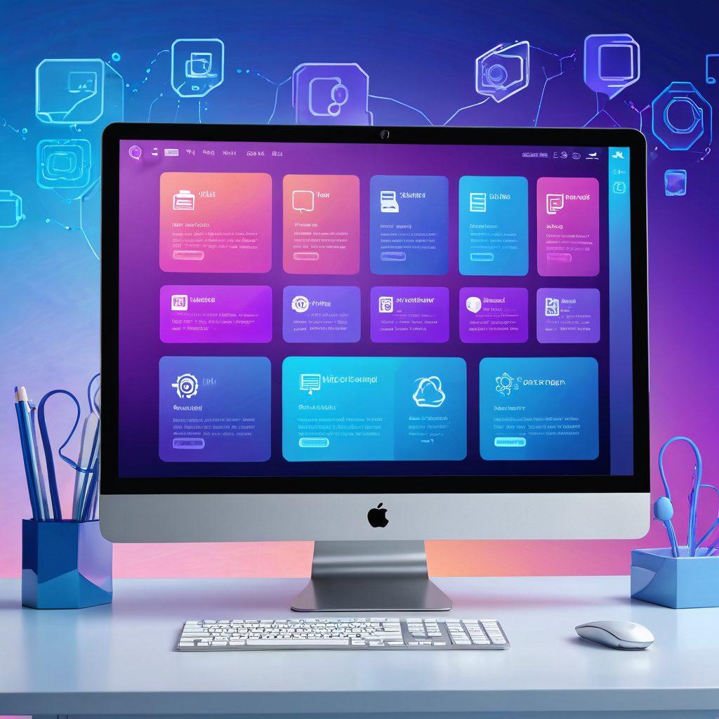 A modern, sleek computer monitor showcasing a vibrant, dynamic website homepage. Surrounding the monitor are various floating, translucent icons representing different hosting plans, domain names, and design tools. The background should feature a gradient of soft blues and purples, giving a tech-savvy, professional vibe. super-realistic. vibrant colors. futuristic look.